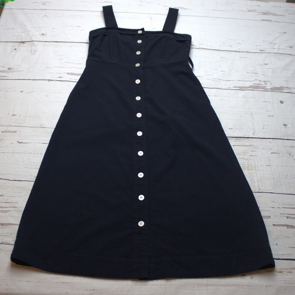 Everlane Picnic Dress Navy Blue Cotton‎ Button Front Midi Apron Dress Size 00